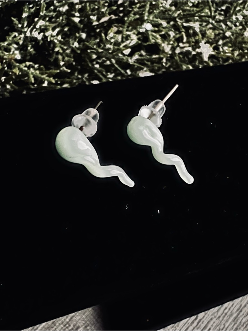New! Vintage Handmade Light Green Glass Sperm Stud Novelty Earrings